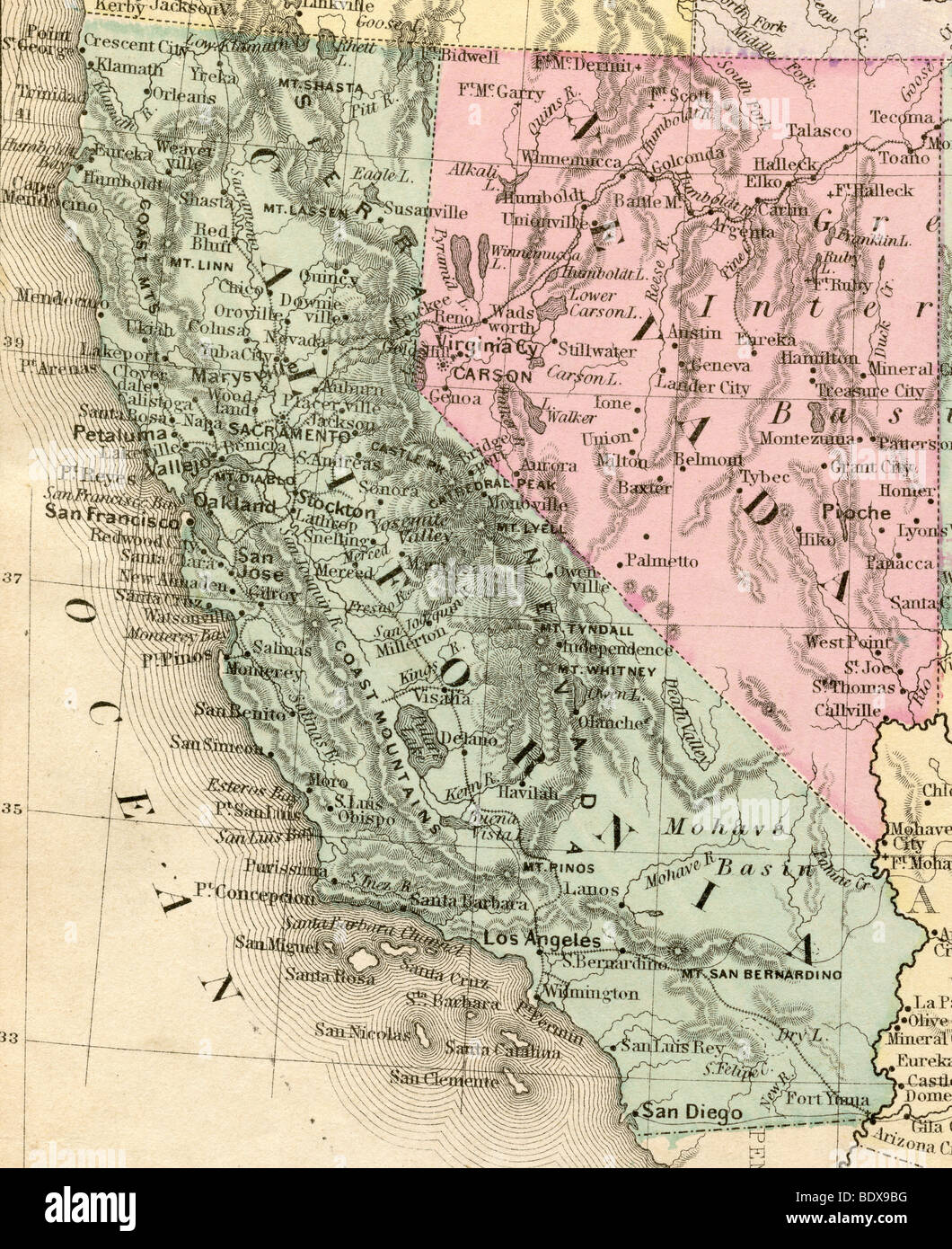 Originale vecchia mappa della California dal 1875 la geografia di un libro di testo Foto Stock