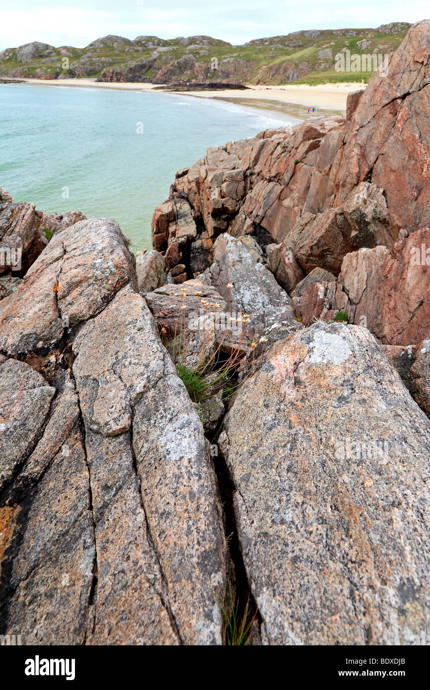 Sulle rocce al di sopra Oldshoremore beach, vicino Kinlochbervie, Assynt, Sutherland Foto Stock