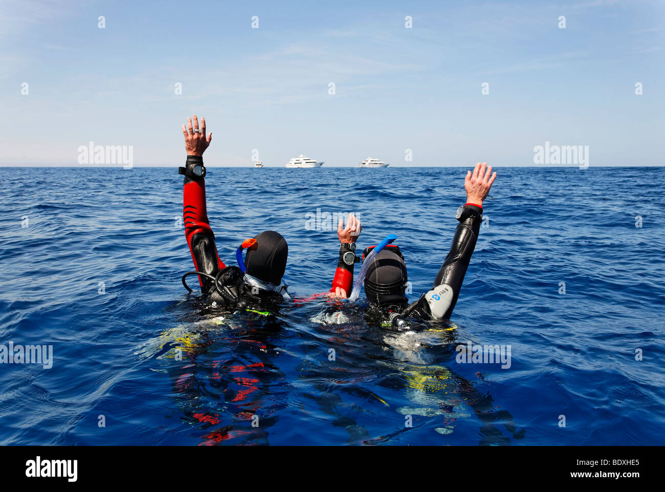 Il drifting subacquei in mare stanno tentando di ottenere l'attenzione di persone su navi di immersioni all'orizzonte agitando, Egitto, Mare Rosso, Africa Foto Stock