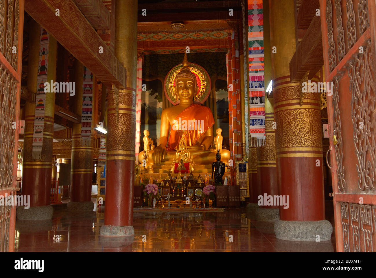 Il Buddha nel tempio della IAM minoranza, Mengla, Xishuanbanna, Yunnan, Cina e Asia Foto Stock