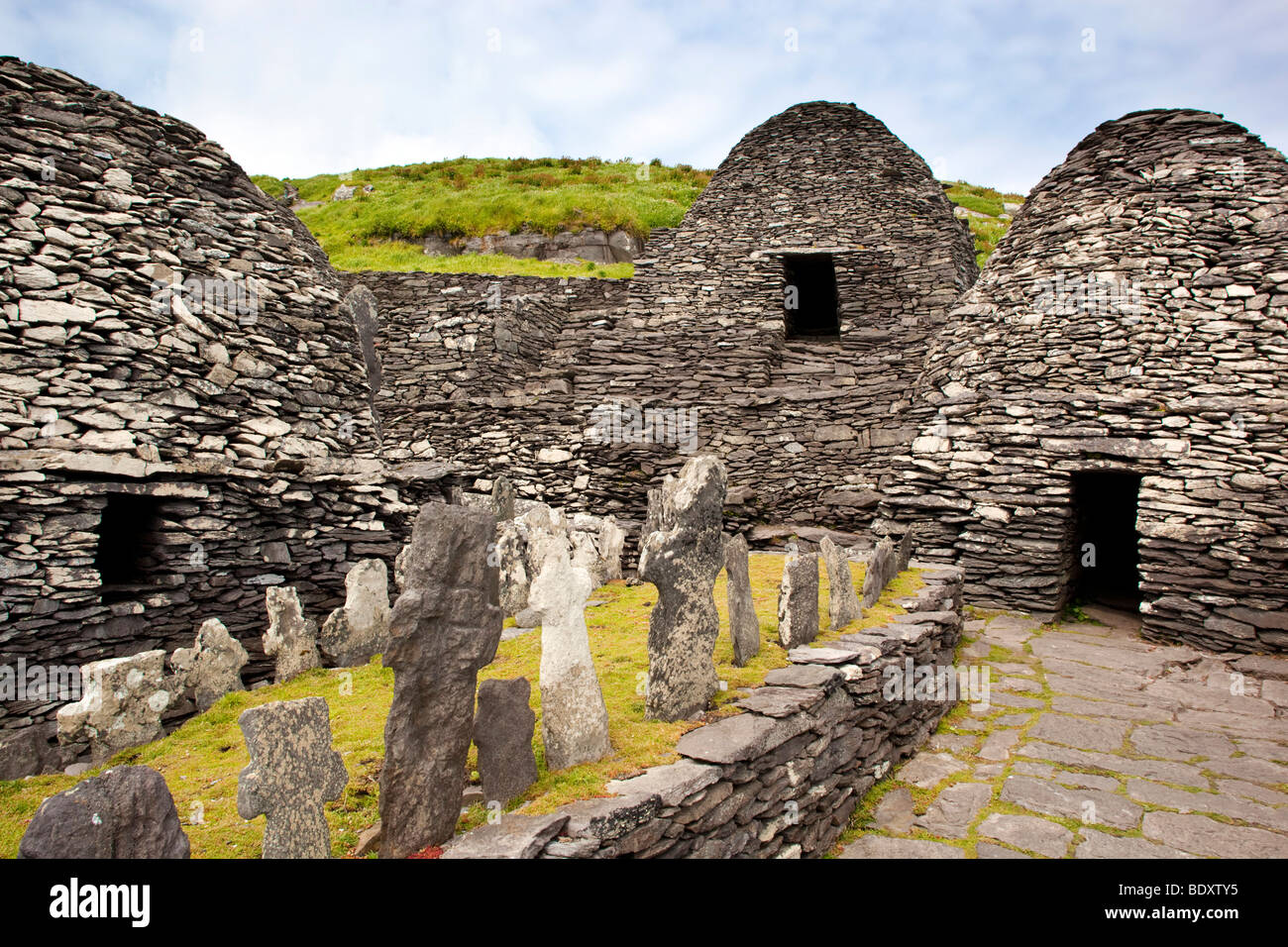 Skellig Michael; Irlanda; beehive capanne da ex monastero Foto Stock