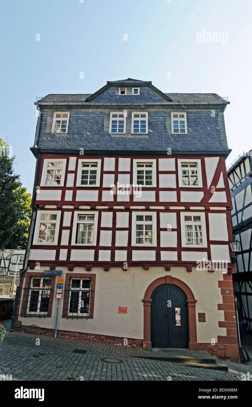 Brueder Grimm Stube, Fratelli Grimm house, il museo, la storica casa in legno e muratura, città vecchia, Marburg, Hesse, Germania, Europa Foto Stock