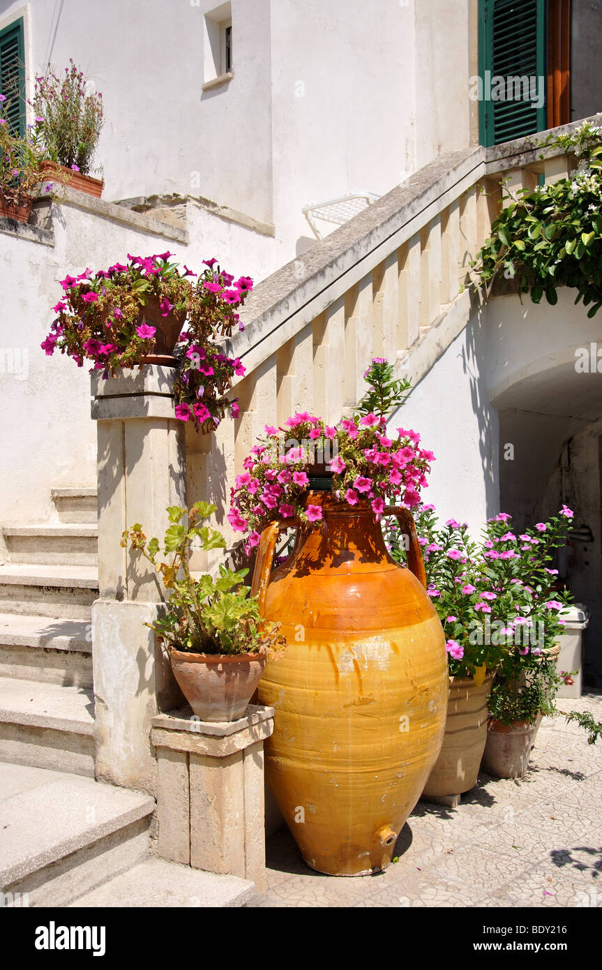 Vaso di fiori e la scala, Città Vecchia, Otranto e Lecce Provincia, Regione Puglia, Italia Foto Stock