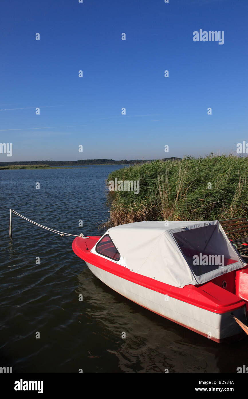 Barca ormeggiata al bodden-costa, Lieper Winkel, isola di Usedom, West Pomerania, in Germania, in Europa. Foto di Willy Matheisl Foto Stock