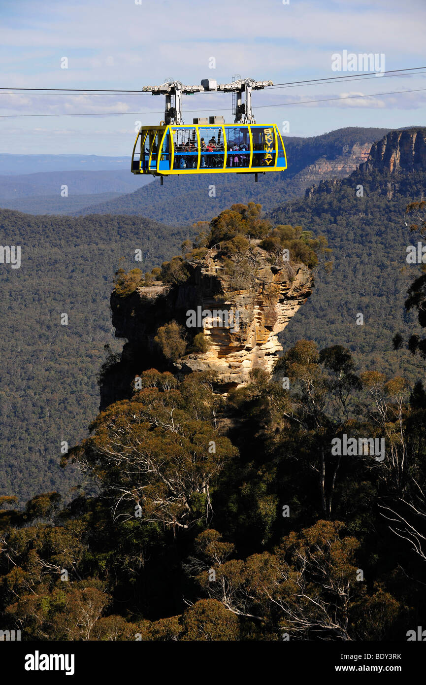 Scenic Skyway funivia da Scenic World complessi di fronte all' orfano Rock, Jamison Valley, il Parco Nazionale Blue Mountains, Ne Foto Stock