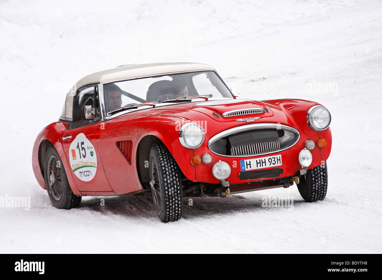 Austin Healey 3000, costruito nel 1964, Planai Classic 2009, vintage auto da rally in inverno, Schladming, Stiria, Austria, Europa Foto Stock
