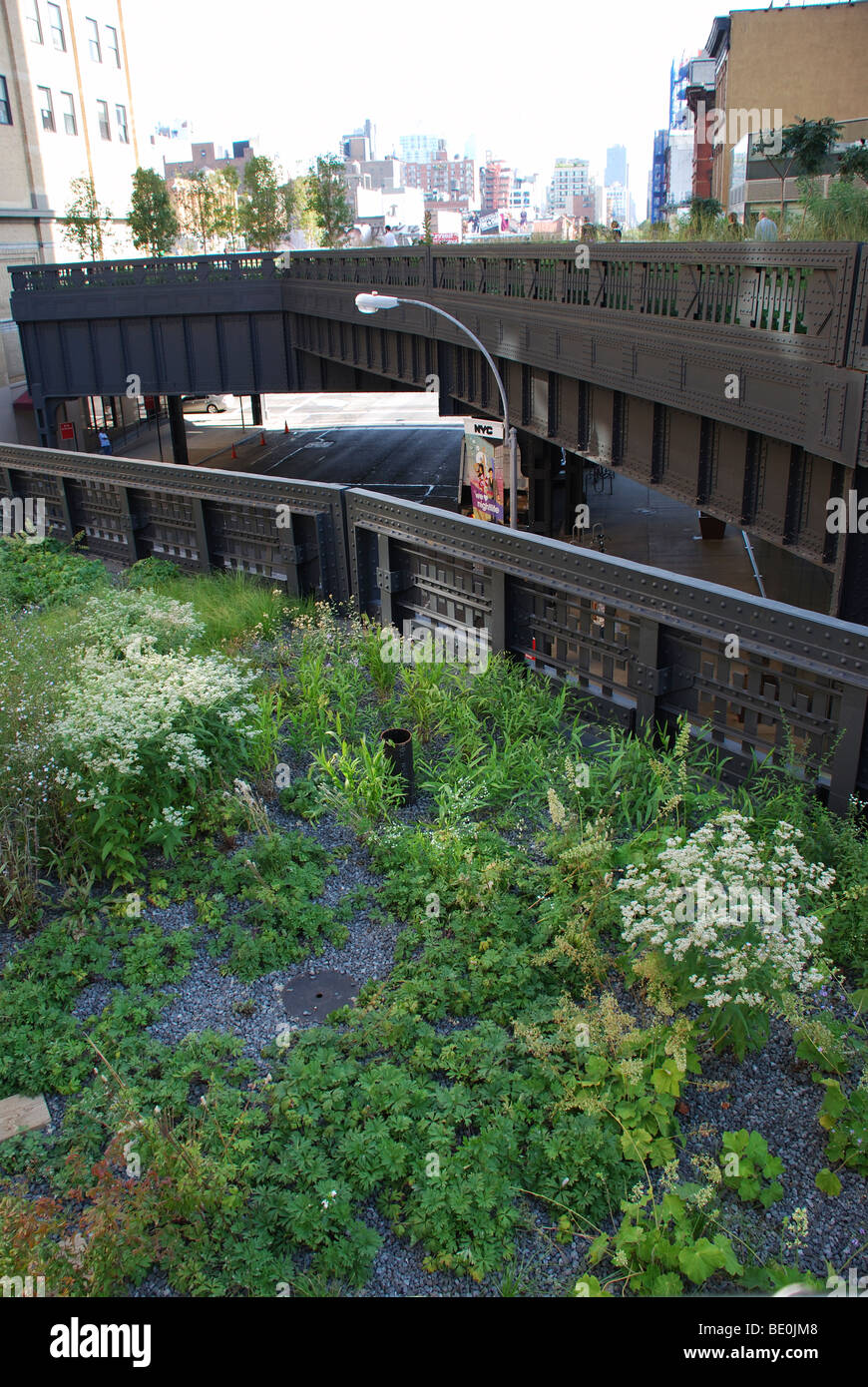 Vecchia ferrovia convertito sperone convertito in parco giardino che conduce al secondo piano dell edificio nel confezionamento della carne District di Manhattan Foto Stock