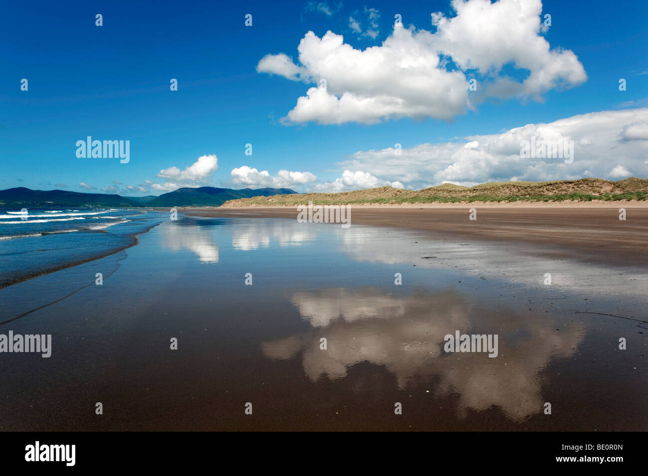 Spiaggia rossbeigh; co. kerry; Irlanda; guardando verso le montagne di Dingle Foto Stock