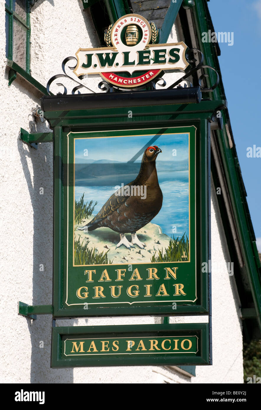 Welsh Pub segno - significa il gallo cedrone (con parcheggio) Foto Stock