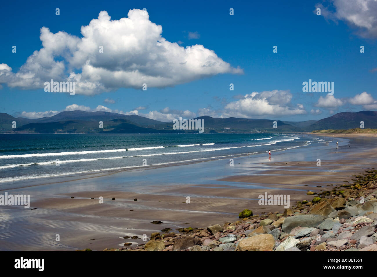 Spiaggia rossbeigh; co. kerry; Irlanda; guardando verso le montagne di Dingle Foto Stock