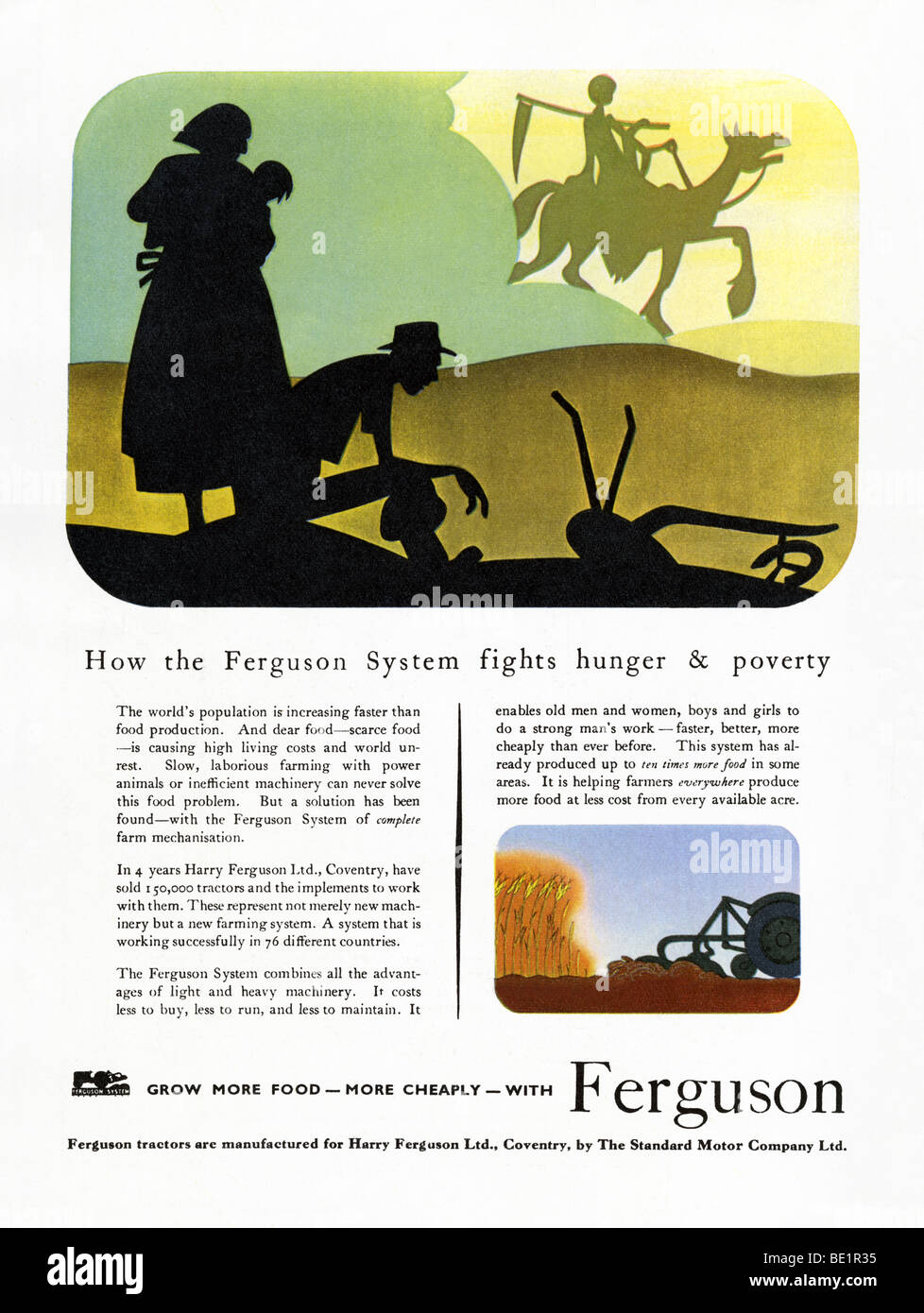 1951 pubblicità per i trattori Ferguson con una illustrazione con Grim Reaper Foto Stock