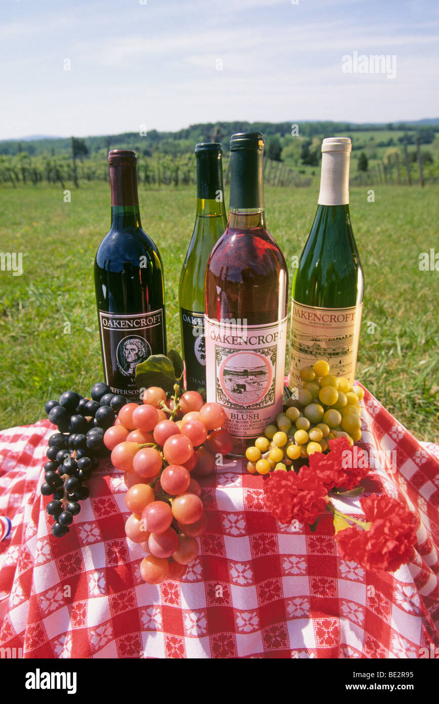 Una selezione di vini rossi e vini bianchi da un grande vigneto nei pressi di Charlottesville, Virginia Foto Stock