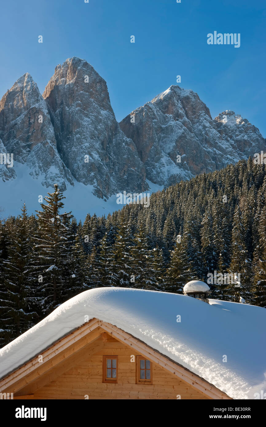 Le Odle Gruppo / Geisler Spitzen, Val di Funes, Dolomiti italiane montagne, Trentino-Alto Adige, Italia Foto Stock