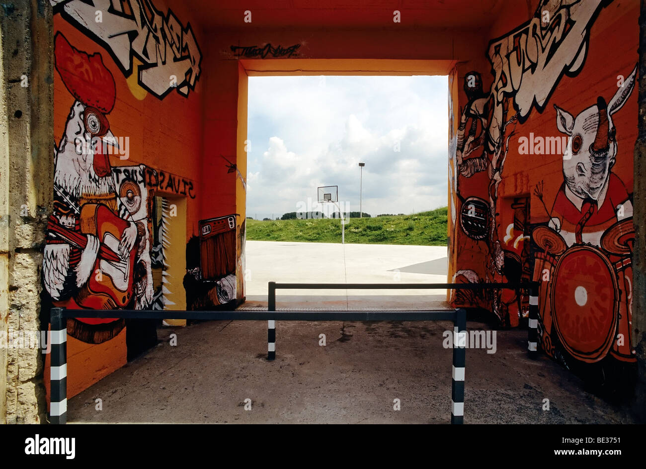 Ingresso al parco skate con graffiti, arte di strada, Rheinpark Duisburg-Hochfeld, la zona della Ruhr, Renania settentrionale-Vestfalia, Germania, Foto Stock