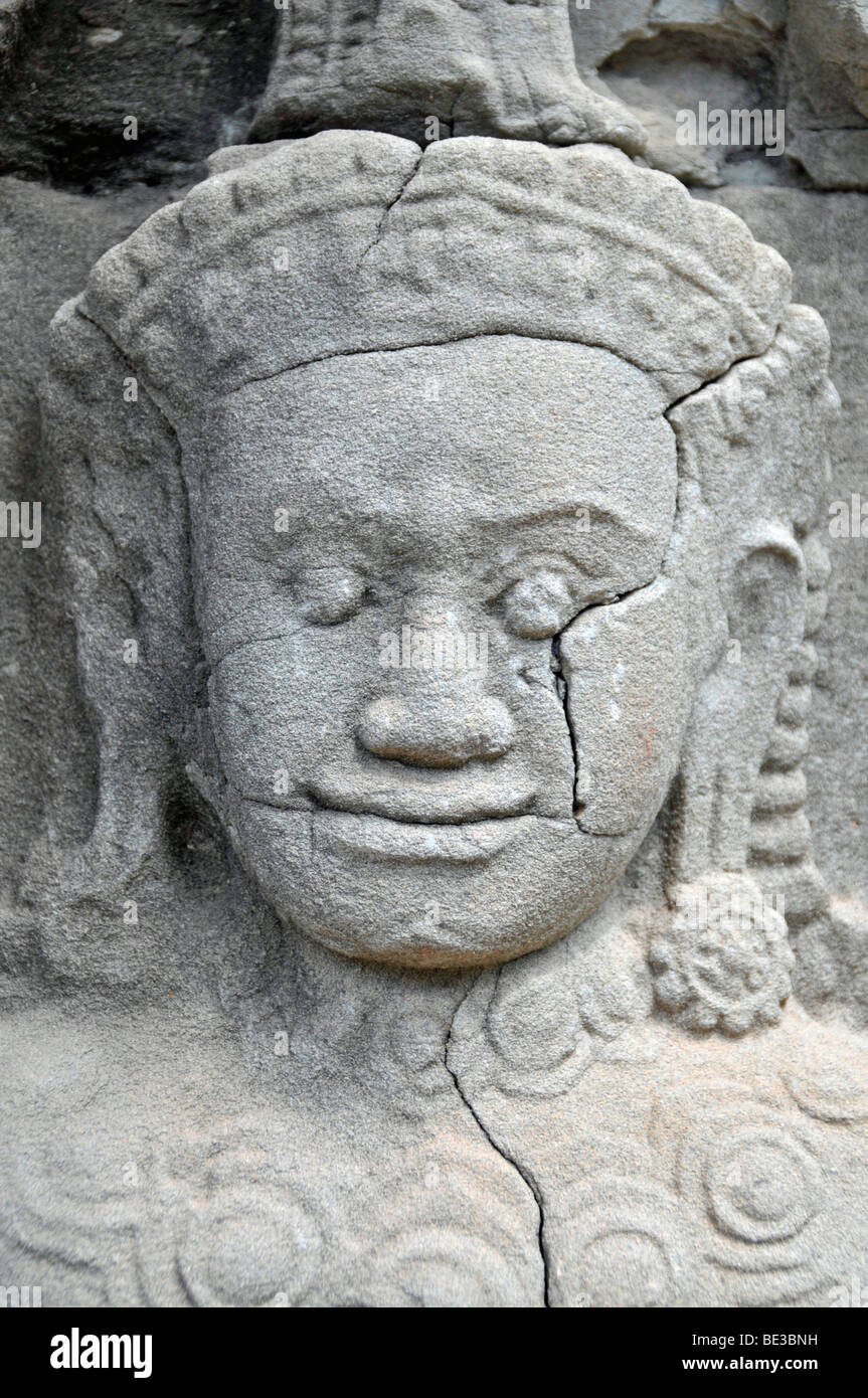 Stone carving, Banteay Kdei tempio complesso, Angkor, Cambogia, Asia Foto Stock