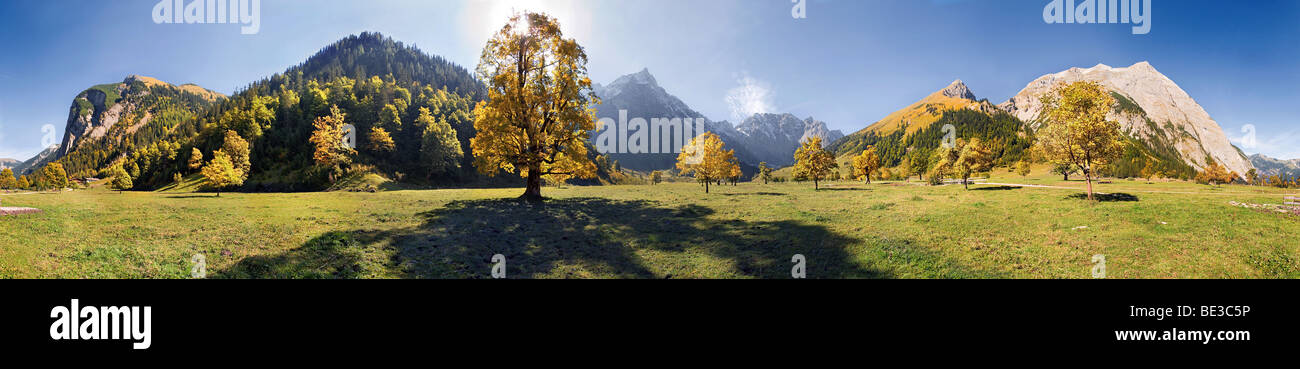 Vista panoramica a 360 °, vista di Grosser Ahornboden, autunnale, incandescente acero, lunga ombra, le montagne ricoperte di neve, Karwendel, Foto Stock