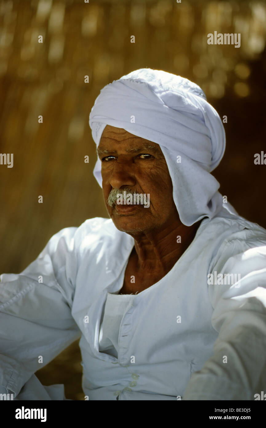 Bedouin in abito tradizionale, egiziano, indumento, ritratto, Dschjellahba, Jelleba, barba, orgoglio, biancheria, Araba, bianco, Egitto, Foto Stock