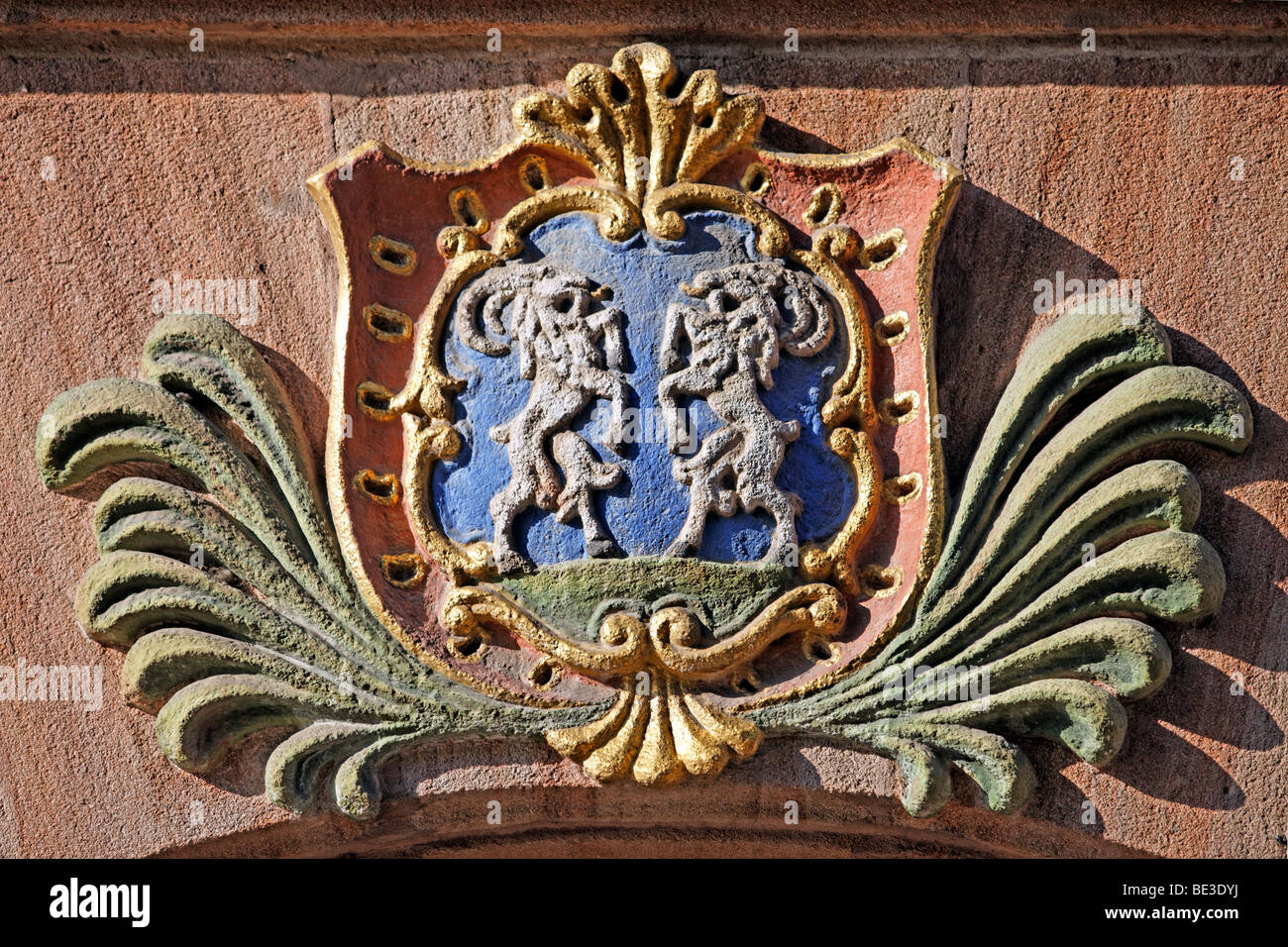 Stemma con due capre, al di sopra di una porta di casa, città vecchia, Norimberga, Media Franconia, Franconia, Baviera, Germania, Europa Foto Stock