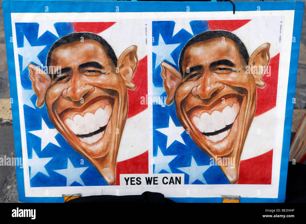 La caricatura di Barack Obama, Place du Tertre, da Montmartre e dal Sacré Coeur, Parigi, Francia, Europa Foto Stock