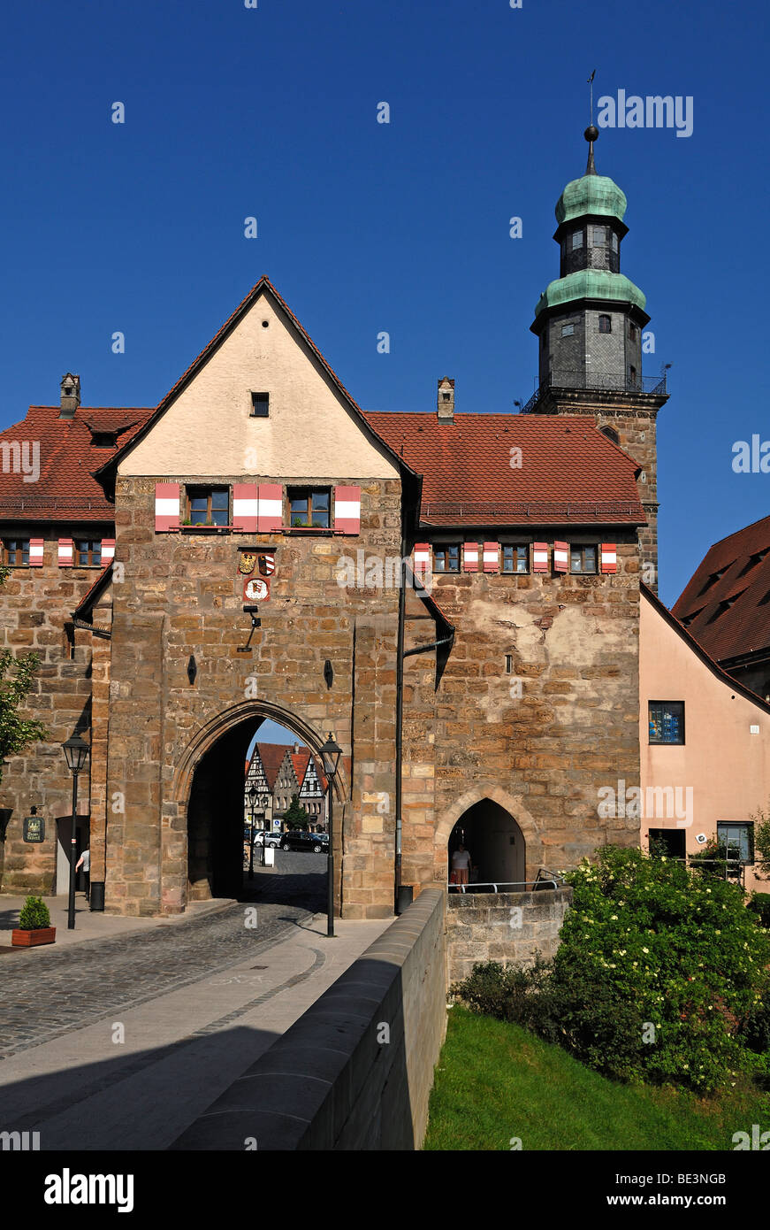 Cancello storico, Nuernberger Tor, Lauf an der Pegnitz, Media Franconia, Baviera, Germania, Europa Foto Stock