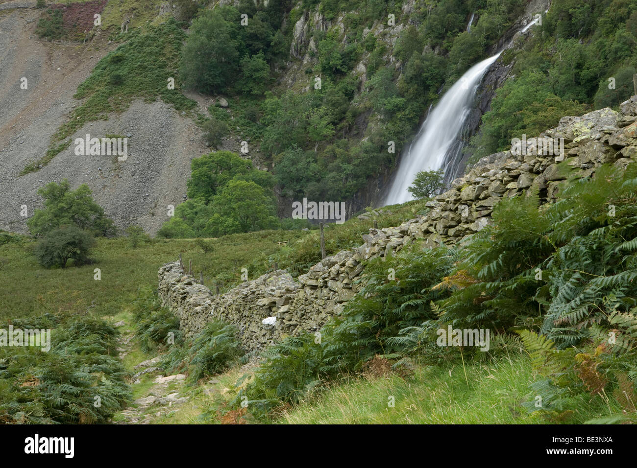 Il sentiero di una cascata denominata Aber cade in Coedydd Riserva Naturale Nazionale, Wales, Regno Unito Foto Stock