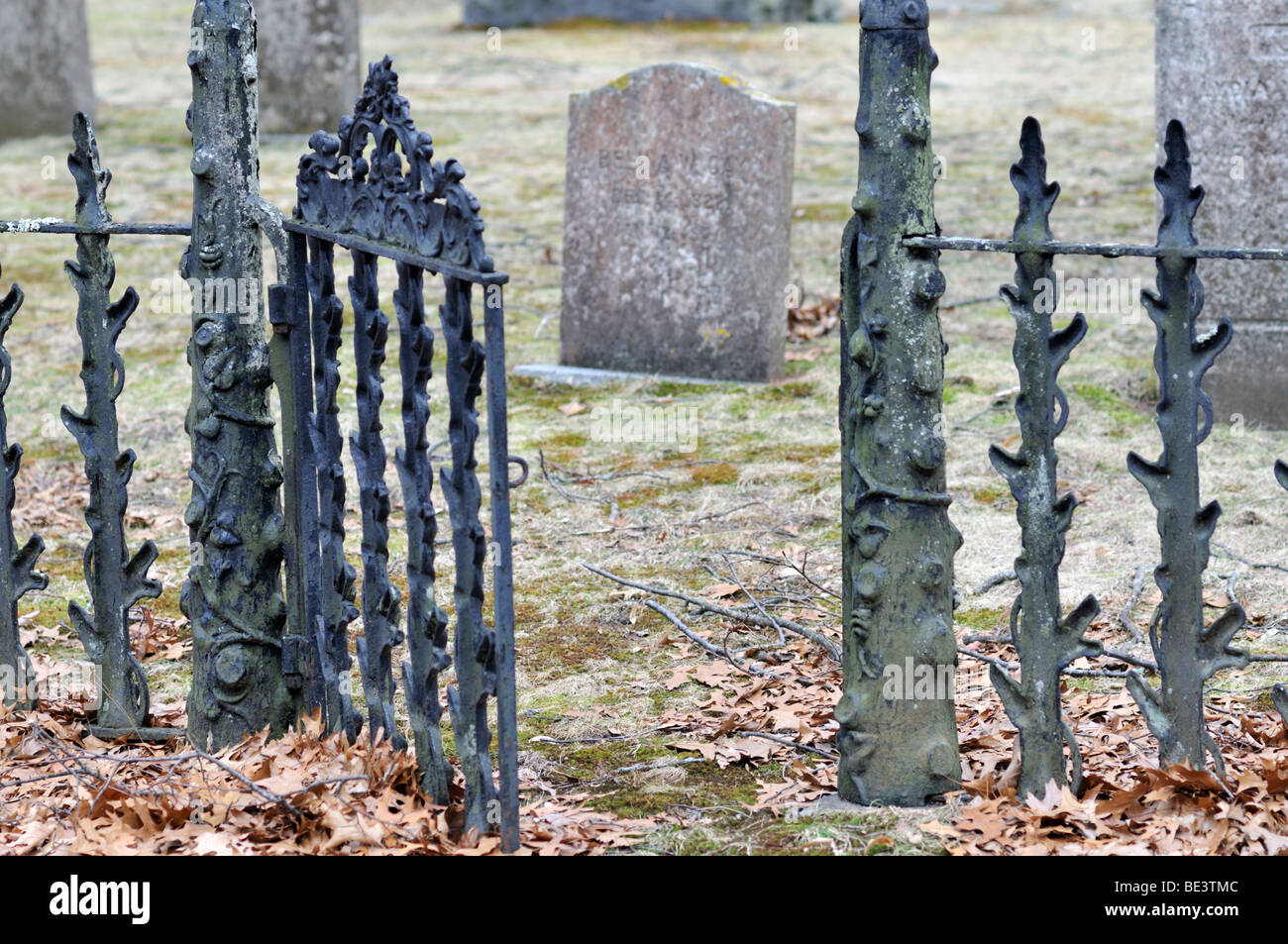 Ferro battuto cancello aperto al vecchio cimitero grave plot e lapidi Foto  stock - Alamy