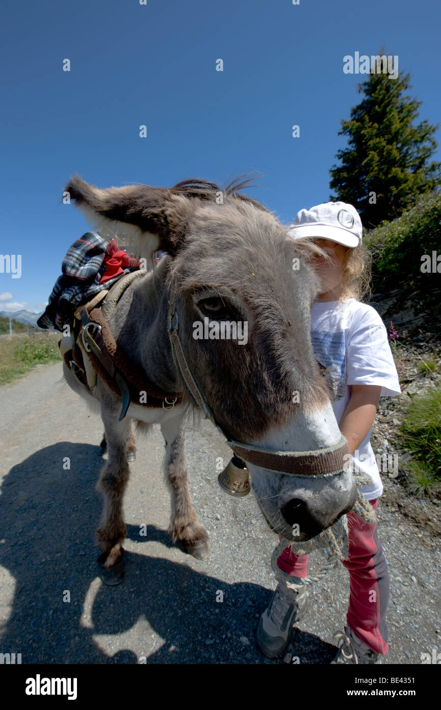 Ragazza giovane tende al suo asino su sentiero di montagna della Valle di Chamonix, nelle Alpi francesi. Foto Stock