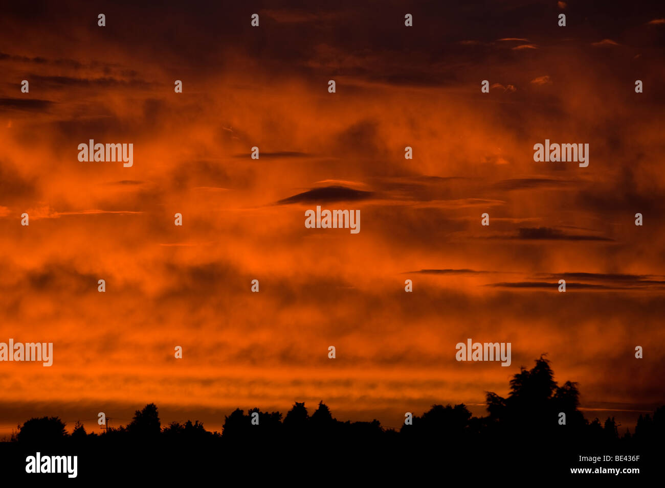 Nuvole lenticolari mostrato contro un profondo rosso e arancione tramonto infuocato guardare quasi come alien i visitatori nel cielo Foto Stock