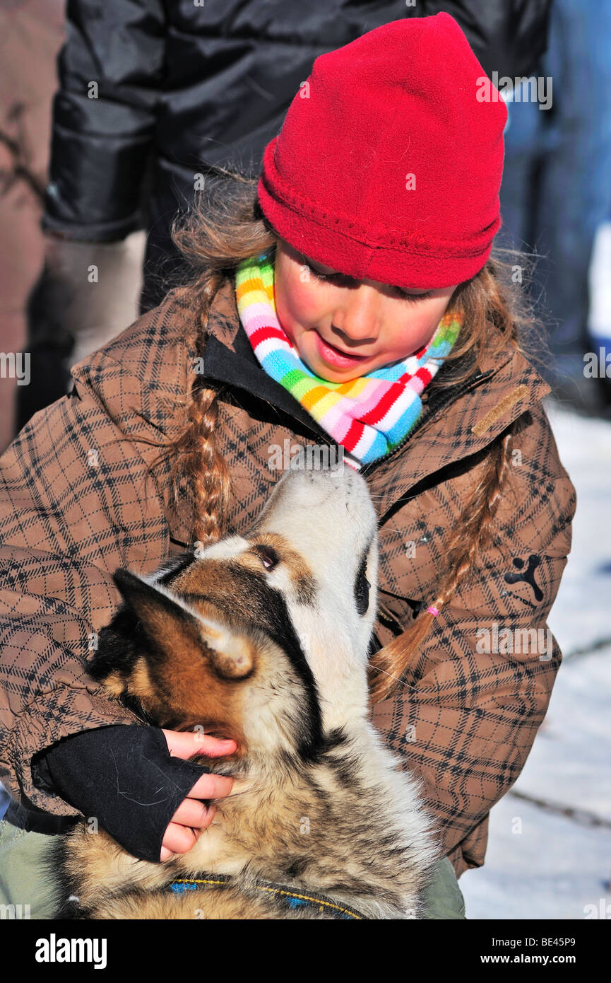 Una giovane ragazza in un rosso cappellino pacche sled-dog, il cane guardando il suo amorevolmente. Foto Stock