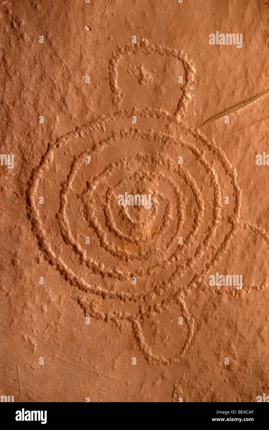 Incisioni storiche a forma di spirale, Anasazi di petroglifi indiani su una pietra arenaria rossa, circa 900 anni, molle a freddo Foto Stock