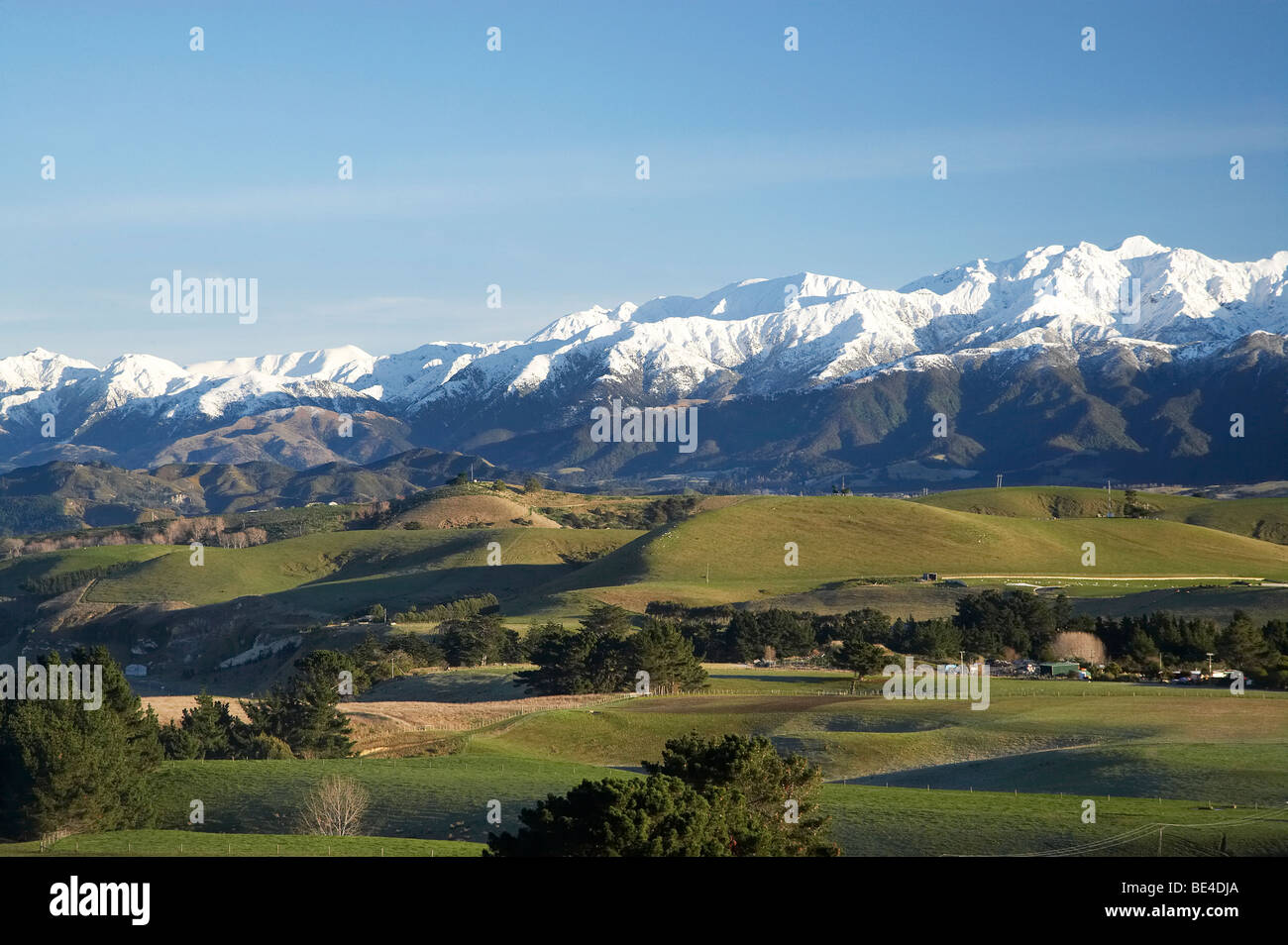 I terreni agricoli e di Kaikoura Seaward gamma, Kaikoura, Isola del Sud, Nuova Zelanda Foto Stock