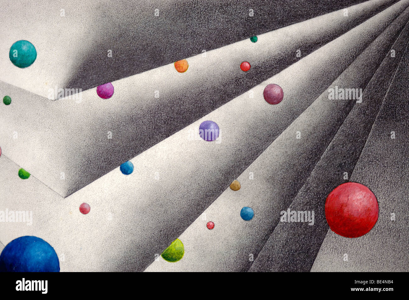 Disegno a matita, forme geometriche con coloratissime palle, dall'artista Gerhard Kraus, Kriftel, Germania Foto Stock