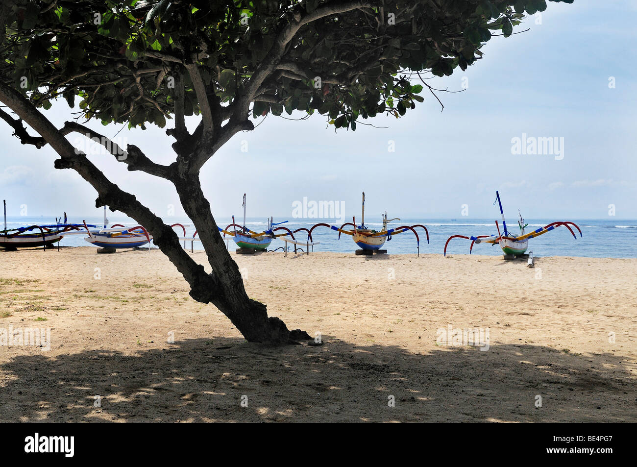 Spiaggia con alberi e outrigger barche vicino a Sanur Denpasar, Bali, Indonesia, sud-est asiatico Foto Stock