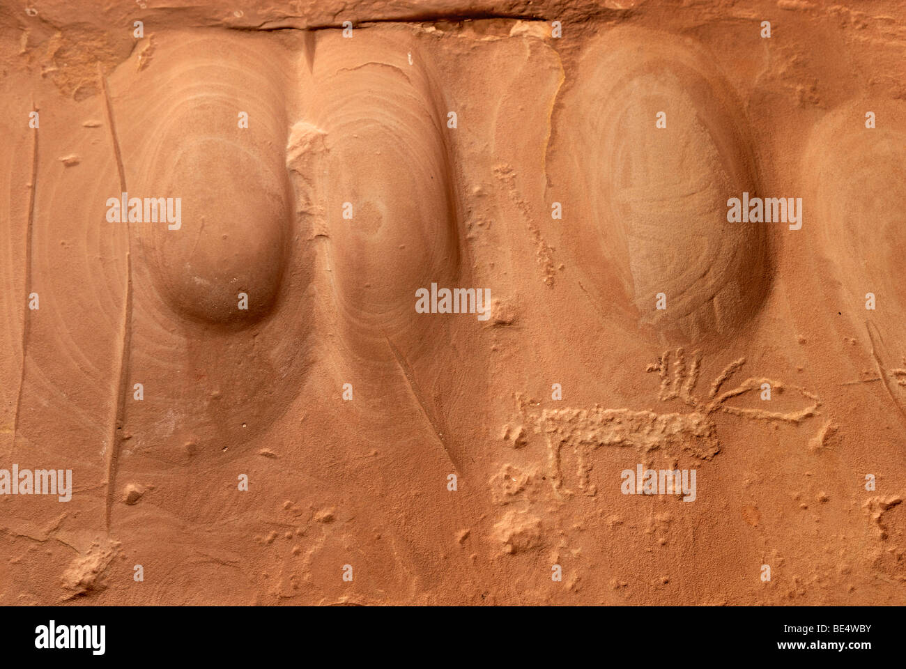 Trogoli di molatura con incisa una cervi, incisioni rupestri in arenaria rossa, circa 900 anni fa, gli Indiani Anasazi, molle fredda grotta n Foto Stock