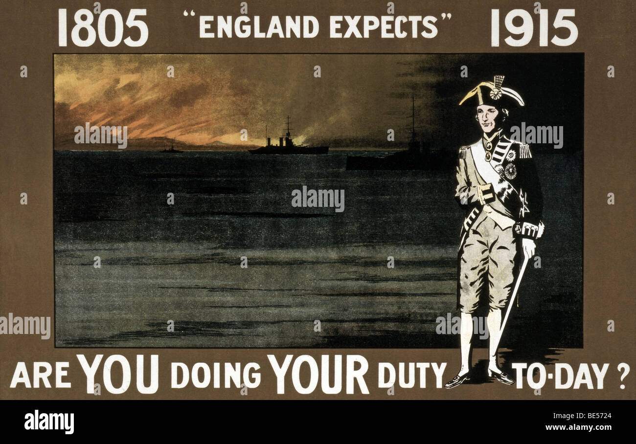 La Prima guerra mondiale britannico poster di reclutamento che evocano la memoria e immagine del vice ammiraglio Horatio Nelson. Foto Stock
