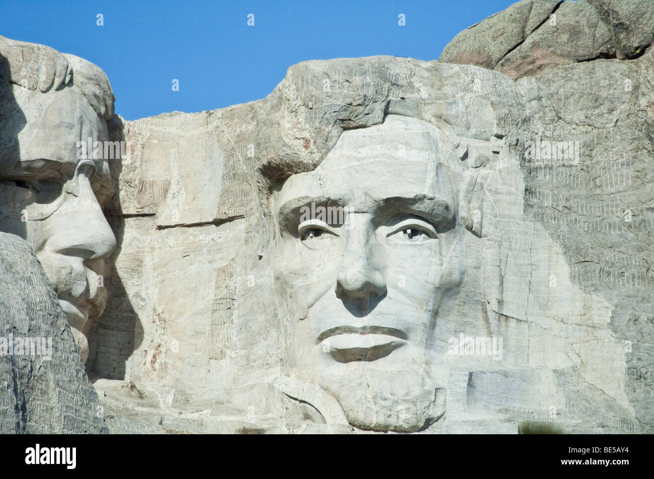 Vista in dettaglio della Theodore Roosevelt e Abraham Lincoln sul Monte Rushmore nel Dakota del Sud Foto Stock