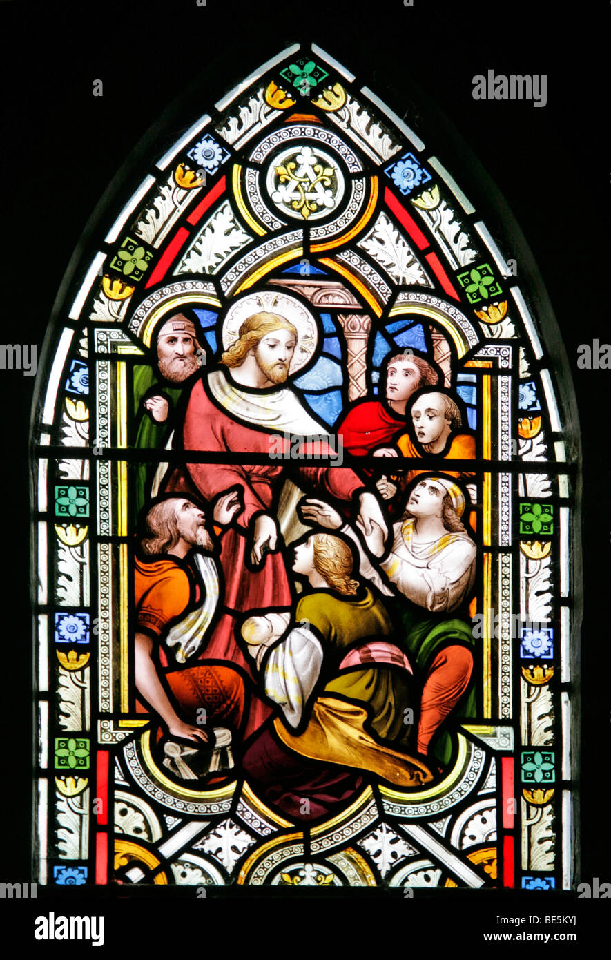 Vetrata raffigurante Gesù che guarisce i malati, di San Giovanni Battista, Sud Carlton, Lincolnshire Foto Stock