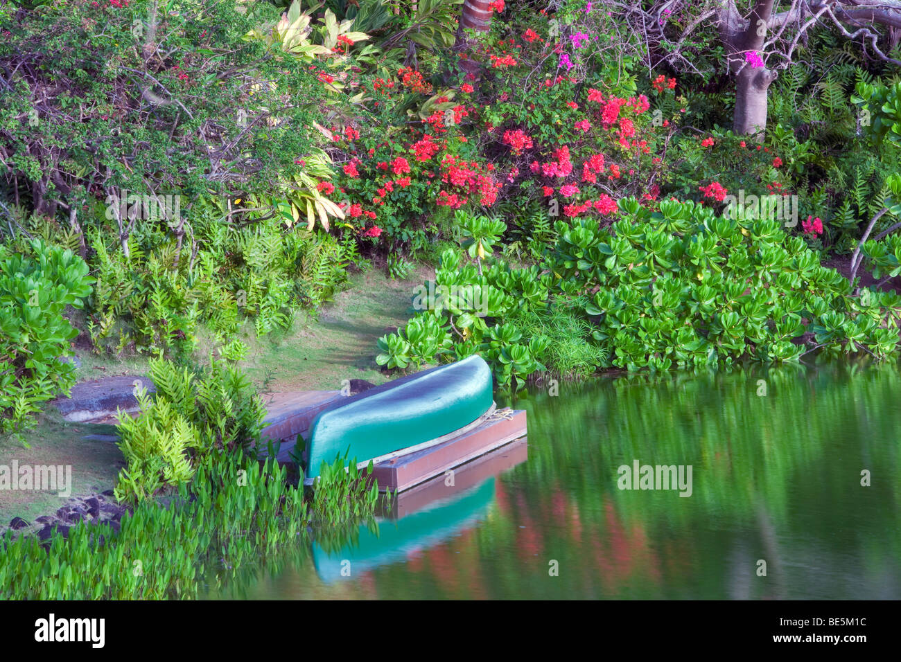 Stagno con canoa e giardino a Na Aina Kai Giardini Botanici. Kauai, Hawaii Foto Stock