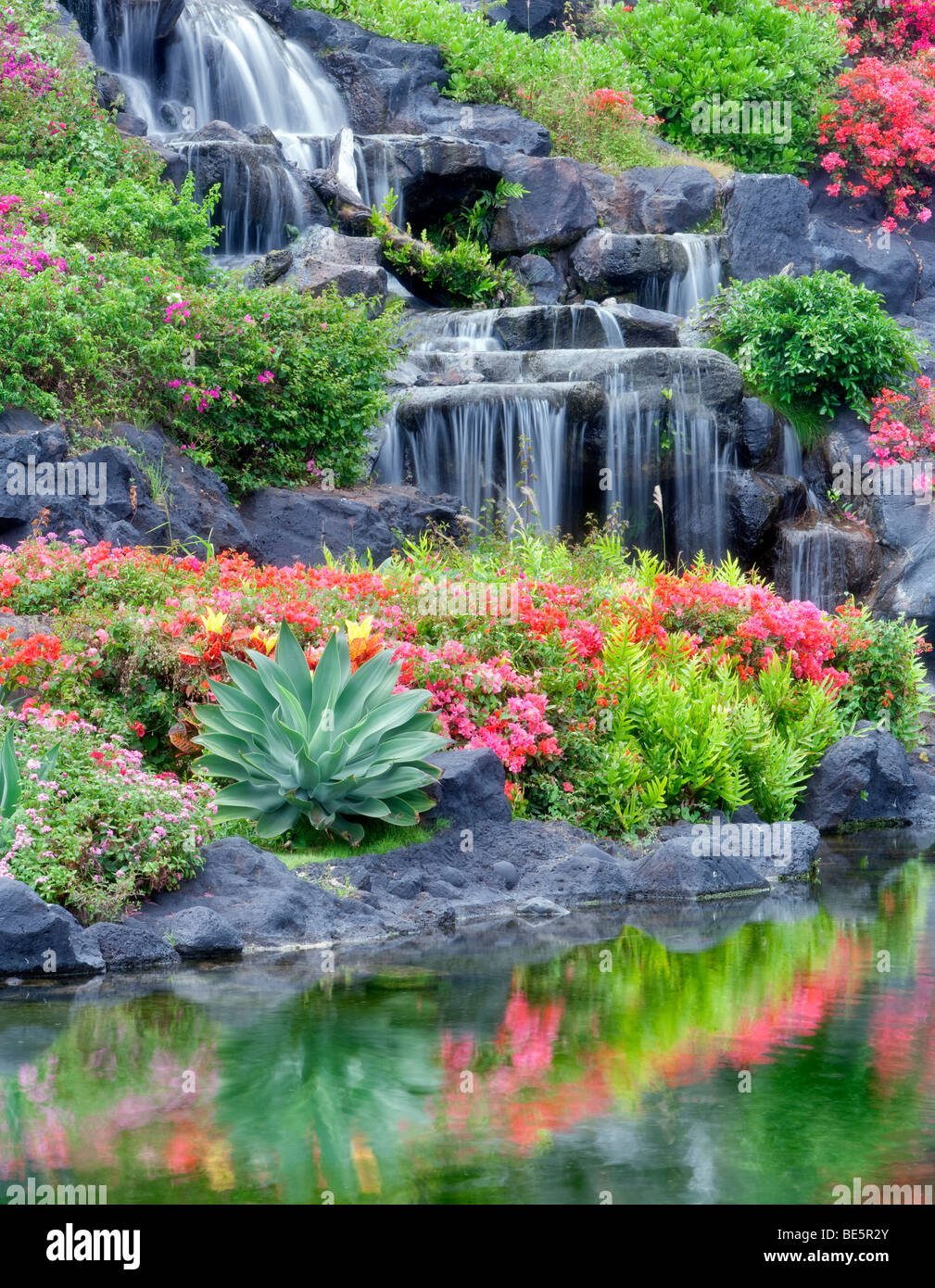 Cascate e giardini di fiori al Grand Hyatt, Kauai, Hawaii. Foto Stock
