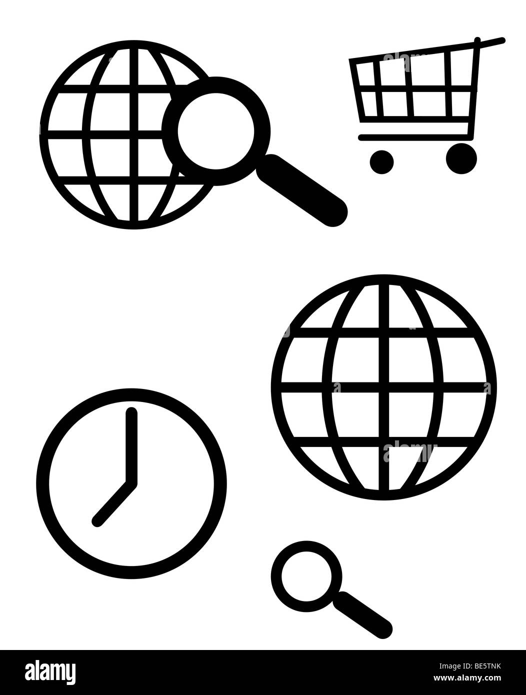 World Wide Web e computer icone di ricerca, isolato su sfondo bianco. Foto Stock