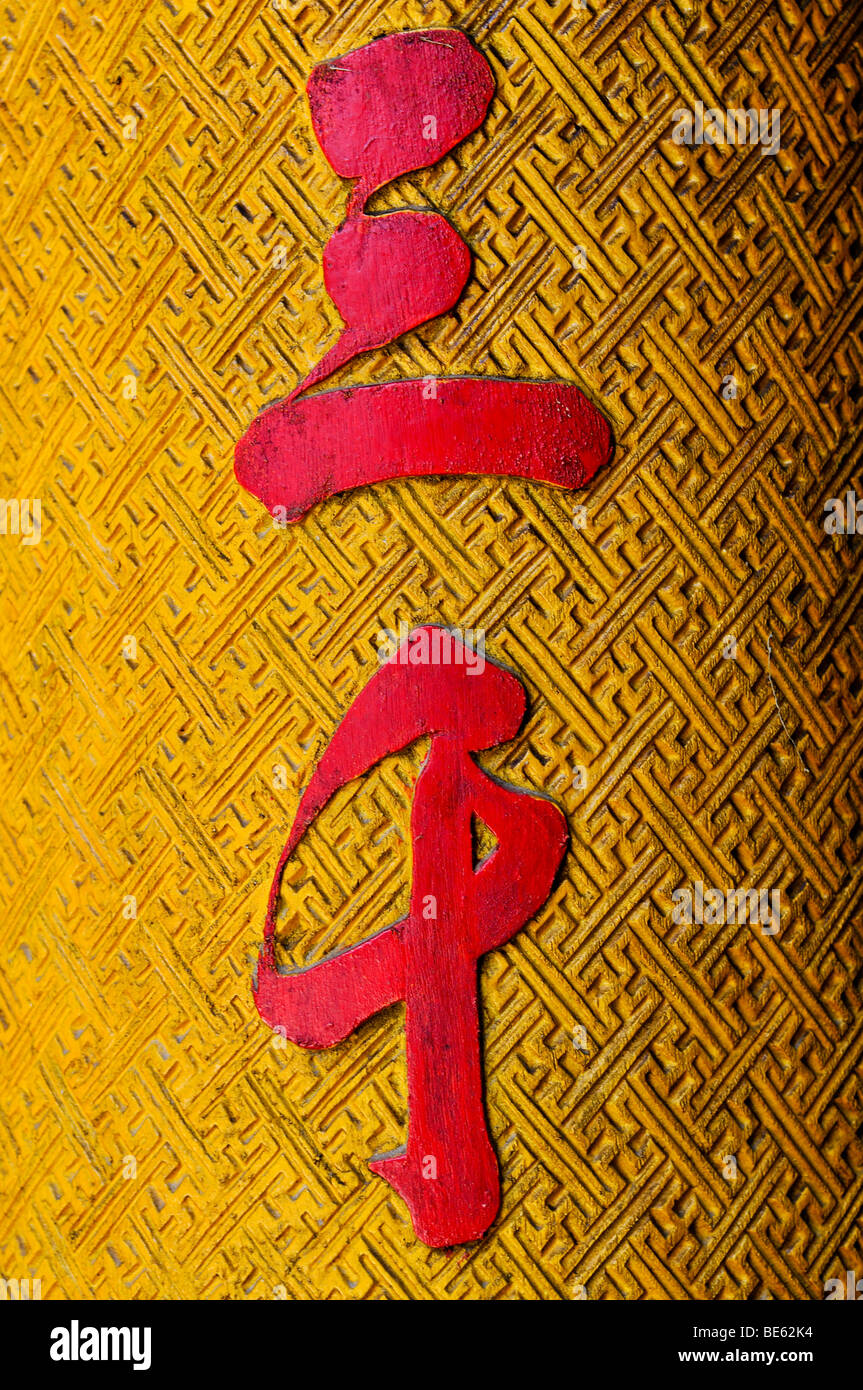 I caratteri cinesi, scultura dipinta su un pilastro di legno, Chua Thien Hau Pagoda, Ho Chi Minh City, a Saigon, Vietnam, sud-est asiatico Foto Stock