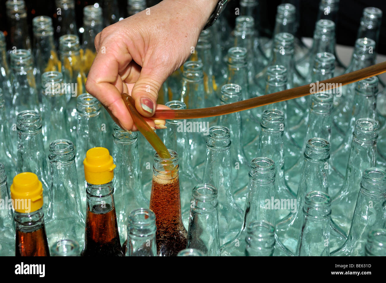 Imbottigliamento del tradizionale vietnamita di salsa di pesce Nuoc Mam in flaconi di vetro giallo con tappo in plastica, Phu Quoc, Vietnam Asia Foto Stock