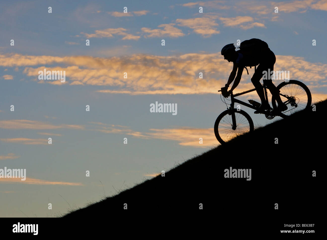 Mountainbiker, silhouette al monte Hohe Salve nella luce della sera, Tirolo, Austria, Europa Foto Stock