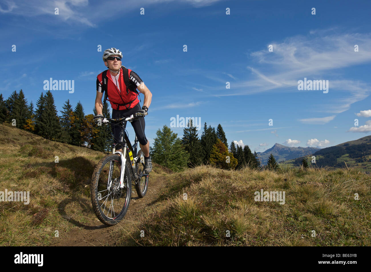 Mountainbiker sul monte Gaisberg, Rettenbach, Tirolo, Austria, Europa Foto Stock