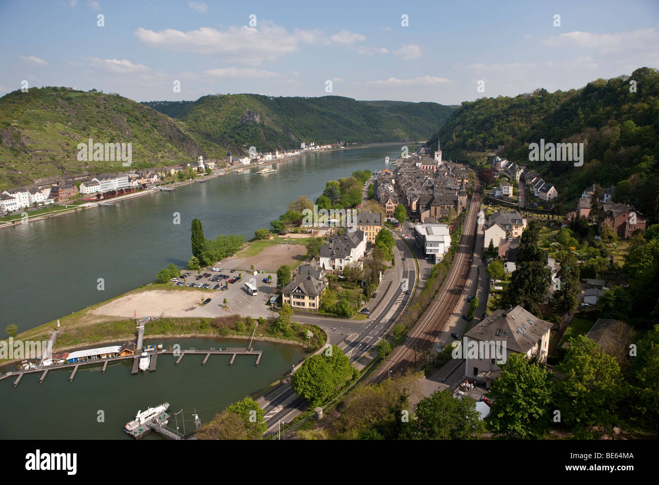 Vista dal Burg Rheinfels Castello su St. Goar, Rhein-Hunsrueck district, Renania-Palatinato, Germania, Europa Foto Stock