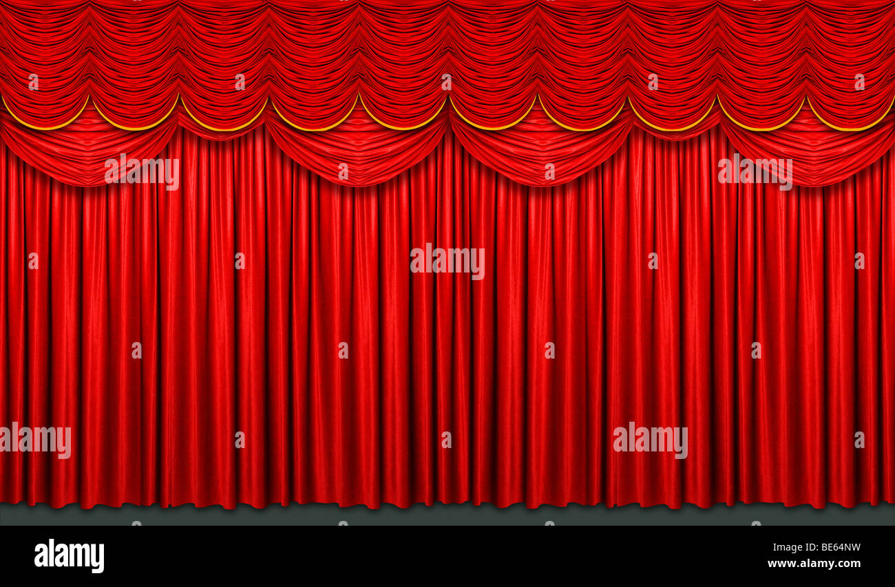 Red sipario di un palcoscenico con accenti di colore giallo Foto Stock