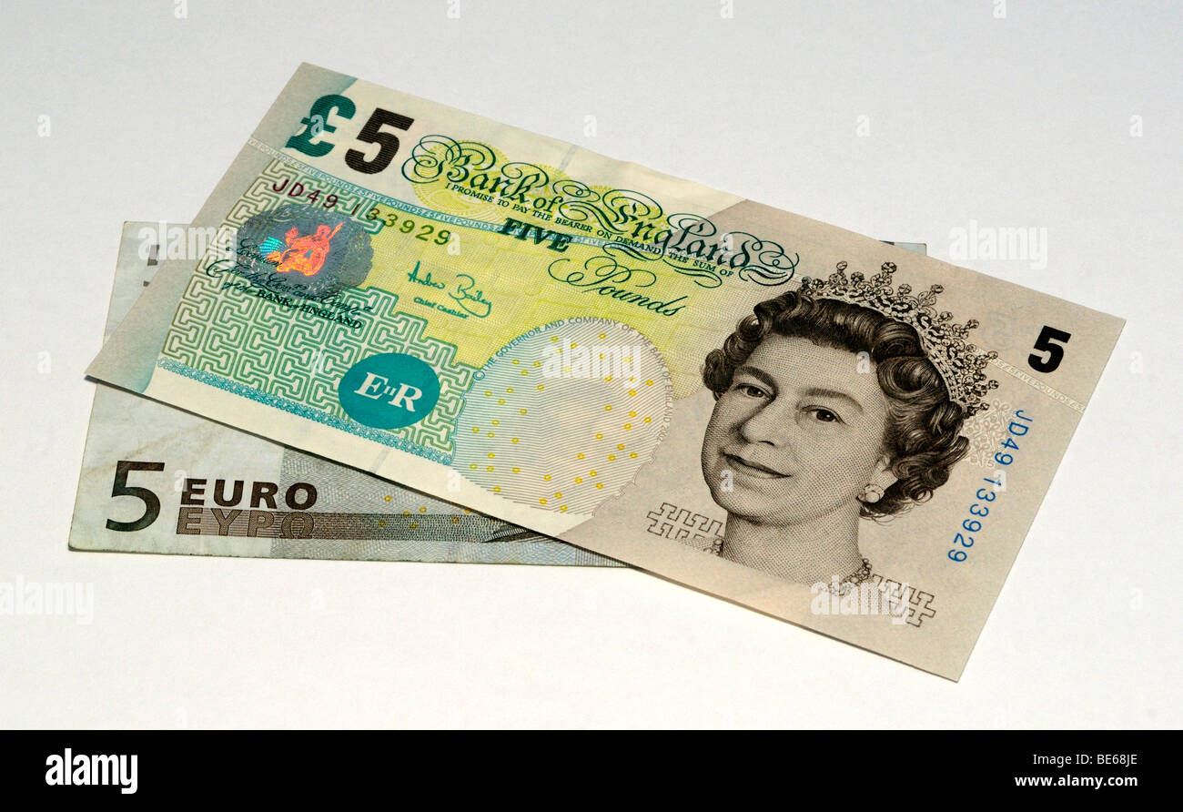 Euro e sterlina del Regno Unito di banconote. Foto Stock