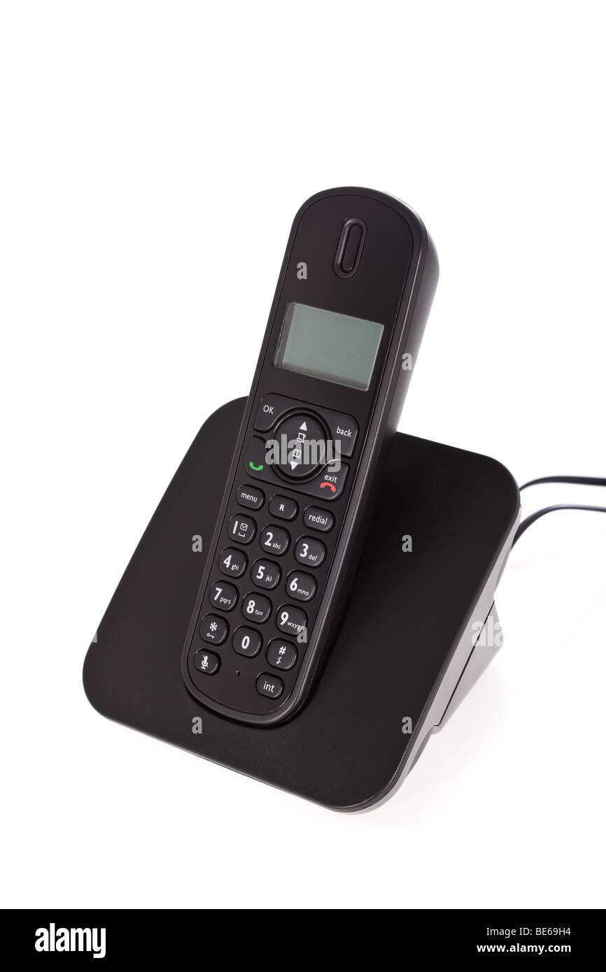 Telefono cordless nero isolato su sfondo bianco Foto Stock