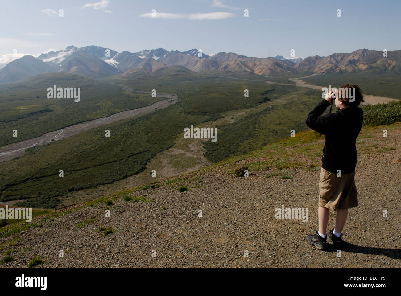 Ragazzo che guarda fuori alla vista con il binocolo da policromi, si affacciano sul Parco Nazionale di Denali Foto Stock