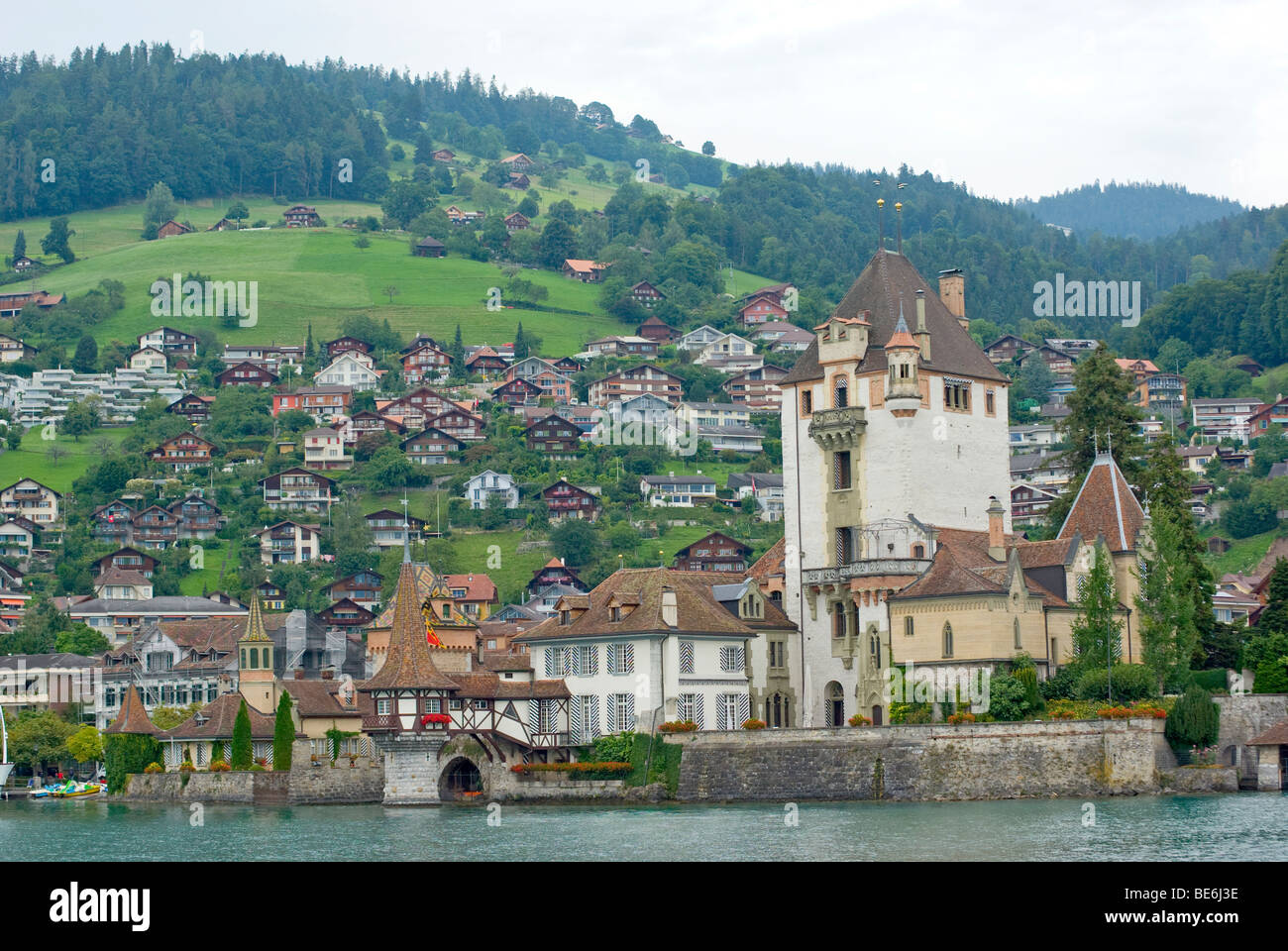 Castello sul Lago di Thun. Thunersee Foto Stock